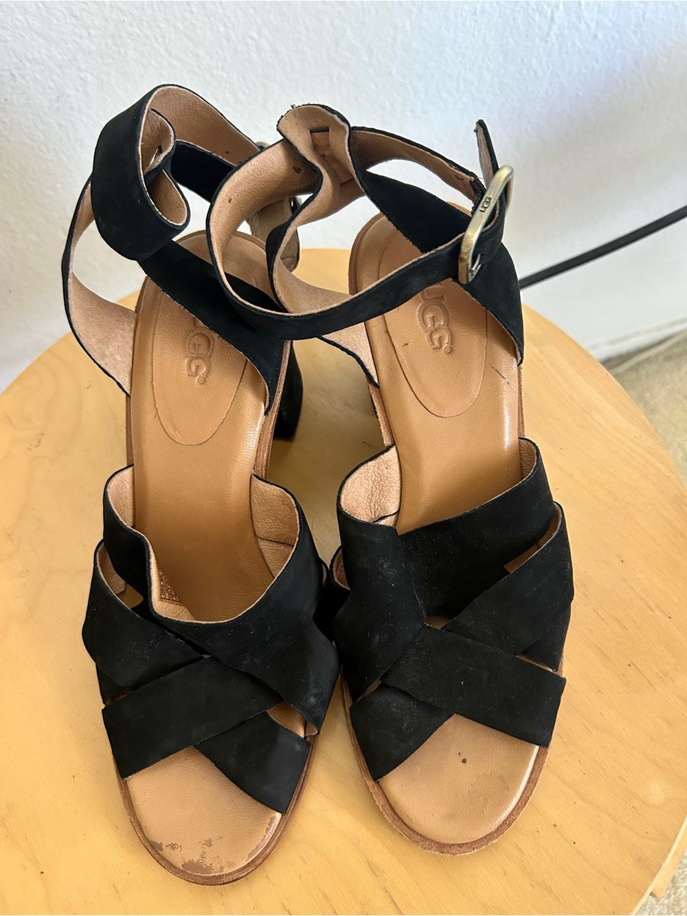 UGG Black Suede Crisscross Ankle Strap Block Heels